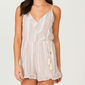 Andree by Unit Medium Romper Striped Ruffle Bow Back V Neck Tassel Summer Casual